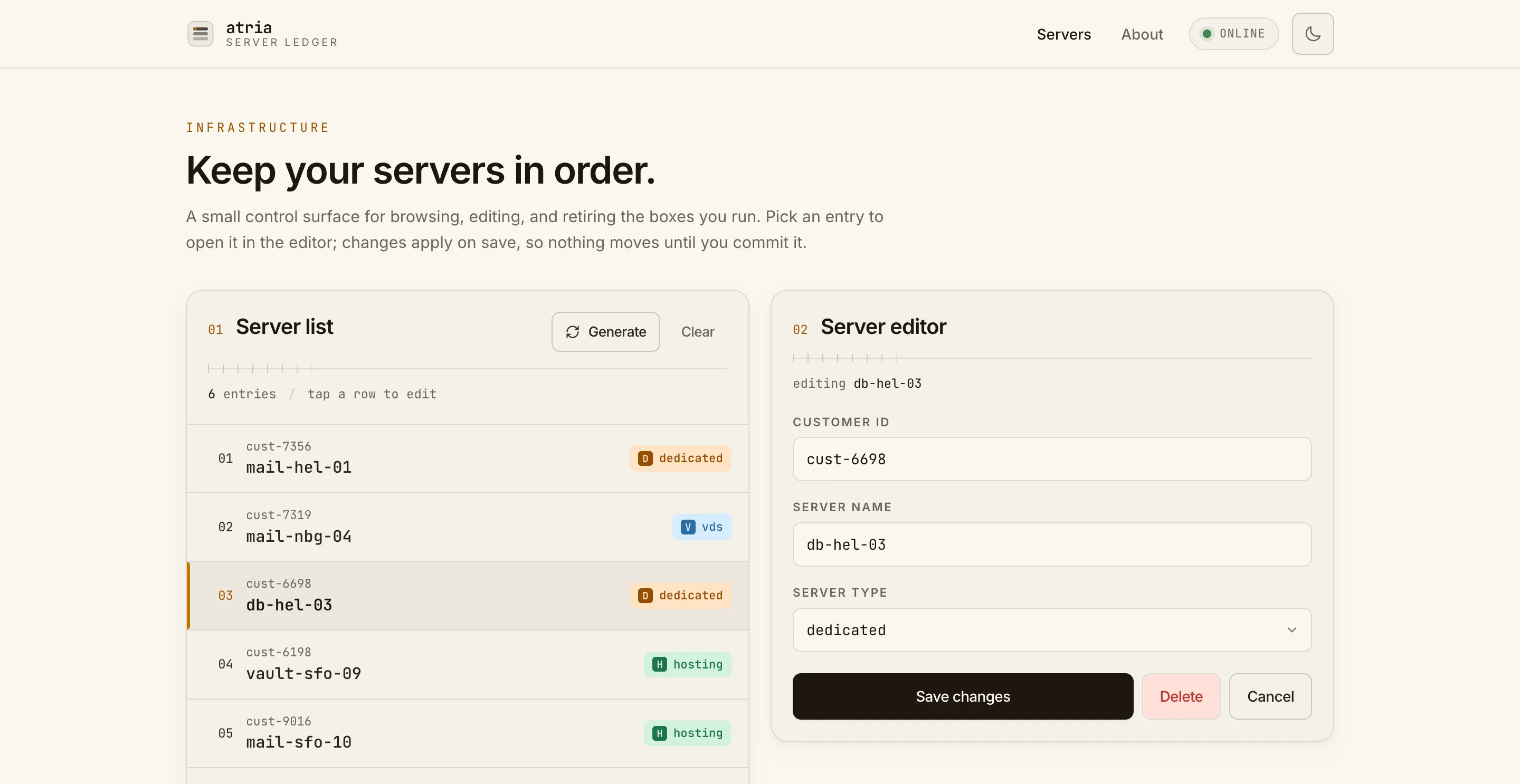 atria - a Vue server-list test task rebuilt into a warm infrastructure-ledger control panel