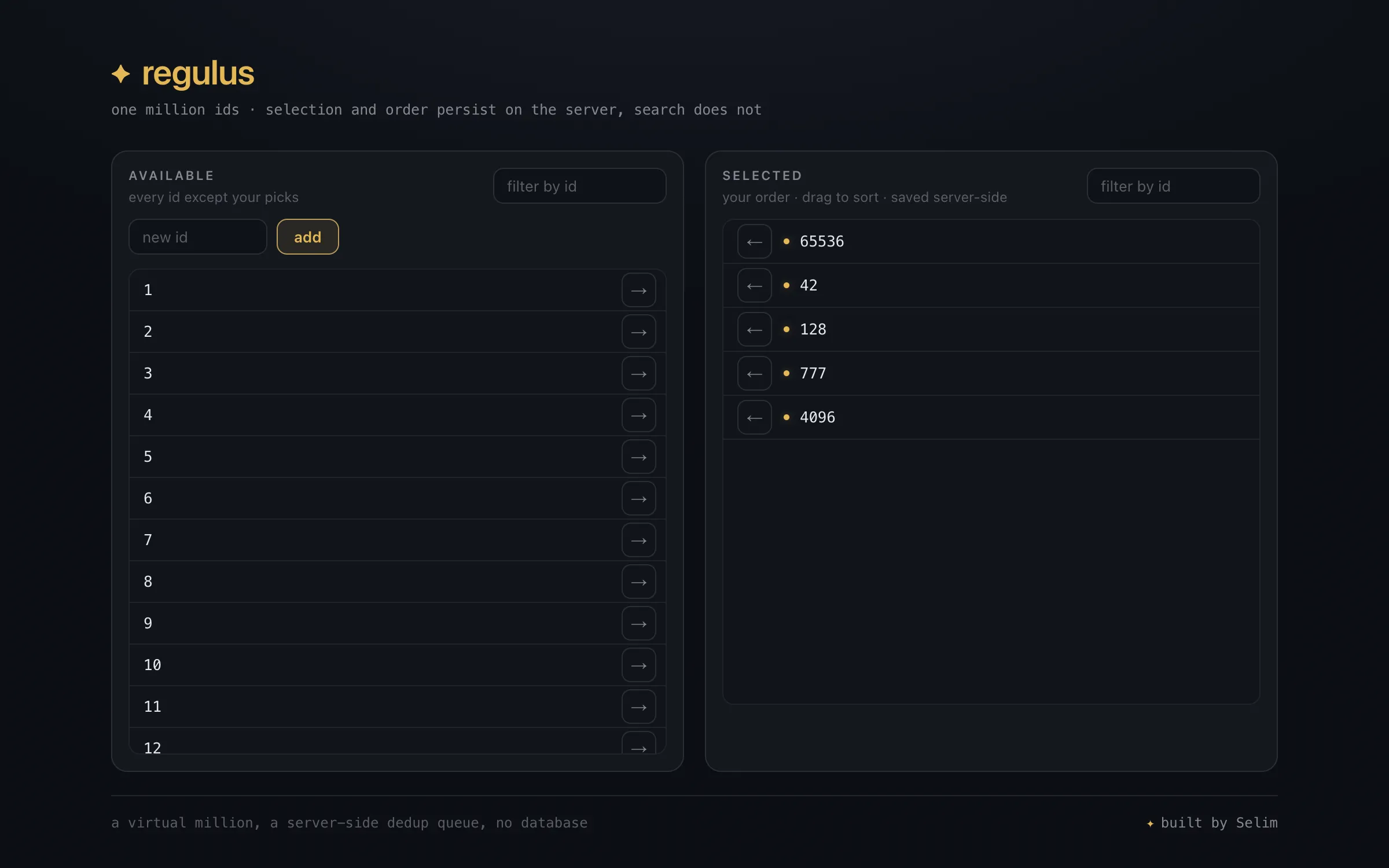 regulus - a million-id selector with server-side order