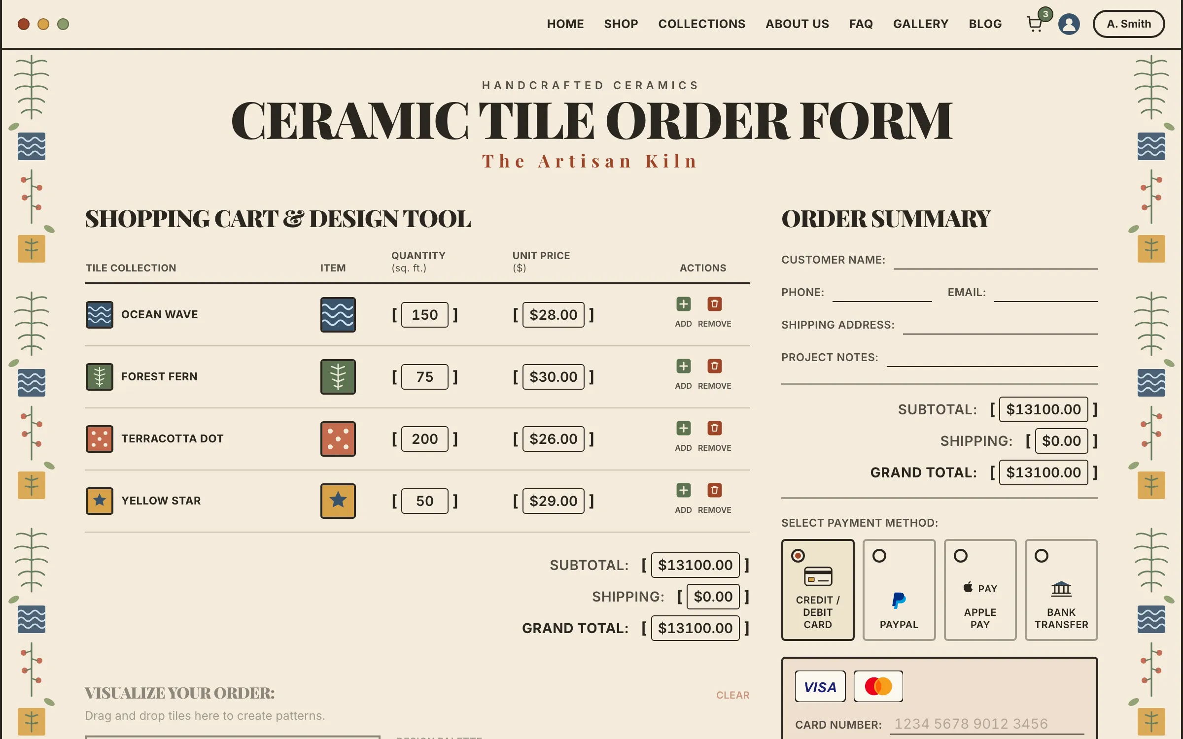 spica - The Artisan Kiln tile order form